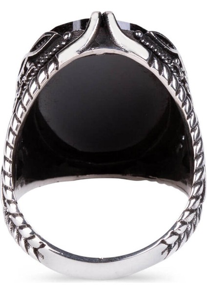 Trillium Motifli Fasetli Siyah Zirkon Taşlı Gümüş Erkek Yüzük modelleri