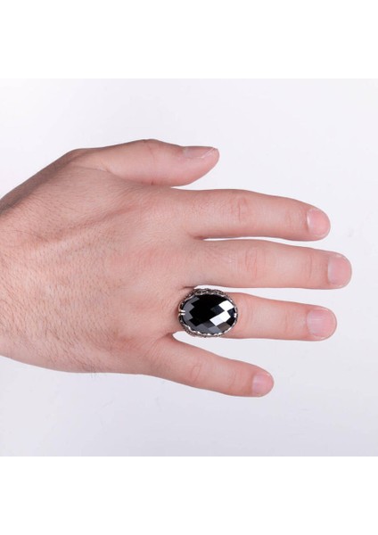 Trillium Motifli Fasetli Siyah Zirkon Taşlı Gümüş Erkek Yüzük indirimleri