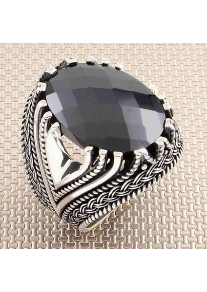 Düğüm Model Faset Kesim Siyah Zirkon Taşlı Gümüş Erkek Yüzük