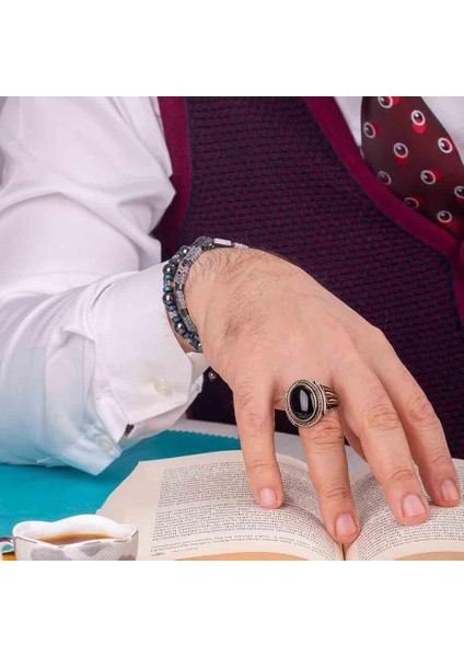 Simetrik Motifli Siyah Oniks Taşlı Gümüş Erkek Yüzük indirimleri