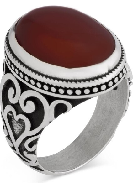 Kalp Motifli Bordo Akik Taşlı Gümüş Erkek Yüzük fiyatları