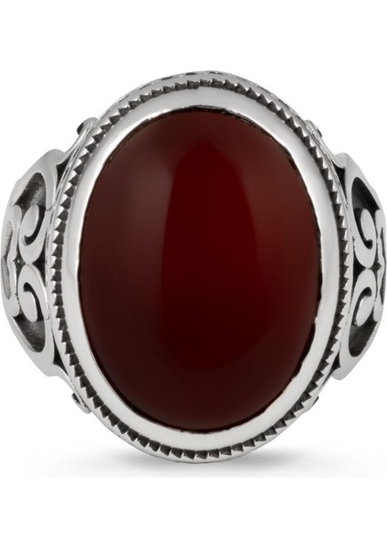 Kalp Motifli Bordo Akik Taşlı Gümüş Erkek Yüzük modelleri