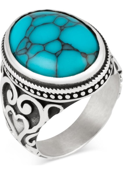Kalp Motifli Turkuaz Firuze Taşlı Gümüş Erkek Yüzük fiyatları