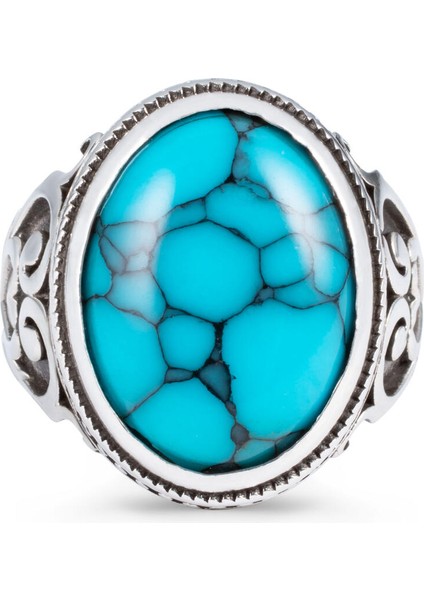 Kalp Motifli Turkuaz Firuze Taşlı Gümüş Erkek Yüzük modelleri