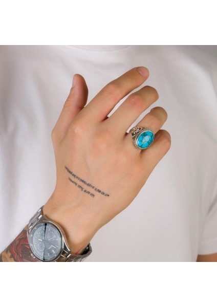 Kalp Motifli Turkuaz Firuze Taşlı Gümüş Erkek Yüzük indirimleri