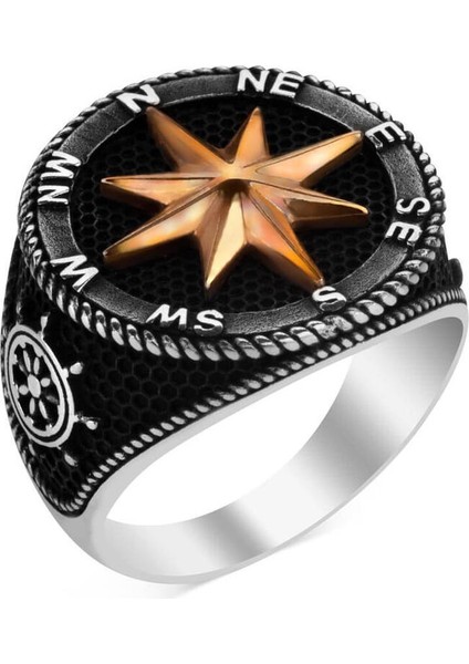 Pusula Tasarımlı Dümen Motifli Gümüş Erkek Yüzük