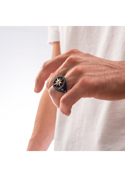 Pusula Tasarımlı Dümen Motifli Gümüş Erkek Yüzük fırsatları