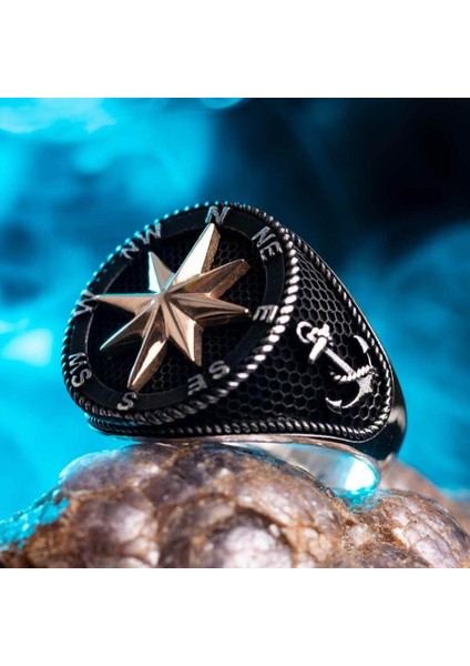 Pusula Tasarımlı Dümen Motifli Gümüş Erkek Yüzük indirimleri