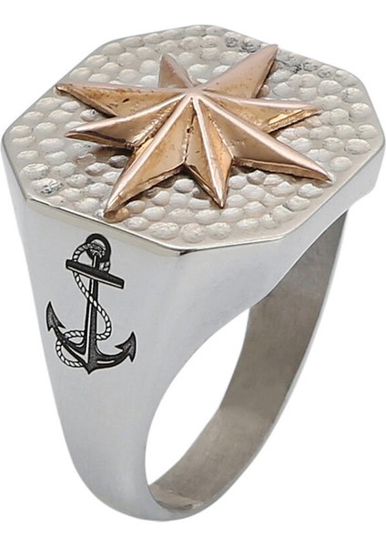 Gümüş Sekizgen Kuzey Yıldızı Pusula Model Çapa Motif Erkek Yüzük