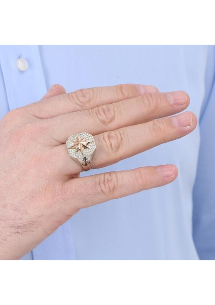 Gümüş Sekizgen Kuzey Yıldızı Pusula Model Çapa Motif Erkek Yüzük fırsatları