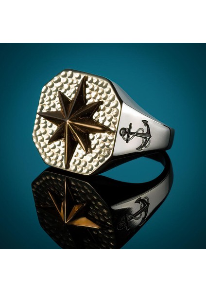 Gümüş Sekizgen Kuzey Yıldızı Pusula Model Çapa Motif Erkek Yüzük indirimleri