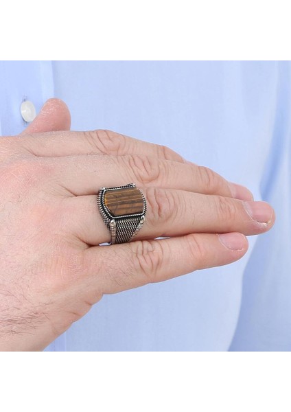 925 Ayar Gümüş Kahverengi Kaplangözü Taşlı Erkek Yüzük indirimleri