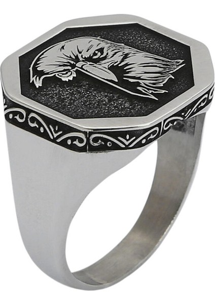 Gümüş Sekizgen Kartal Motif Erkek Yüzük Çizgisel Desenli Kasa