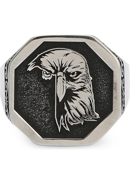 Gümüş Sekizgen Kartal Motif Erkek Yüzük Çizgisel Desenli Kasa fiyatları