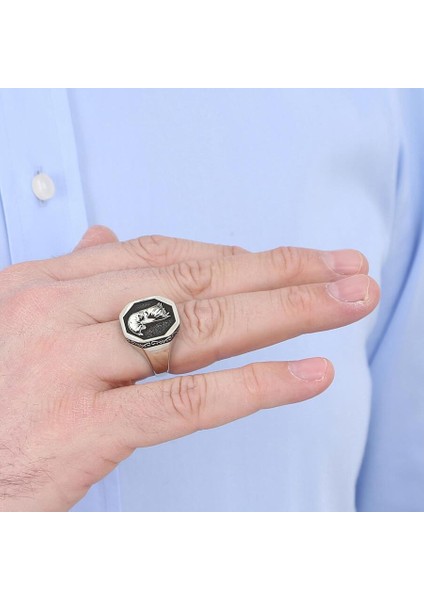 Gümüş Sekizgen Kartal Motif Erkek Yüzük Çizgisel Desenli Kasa fırsatları