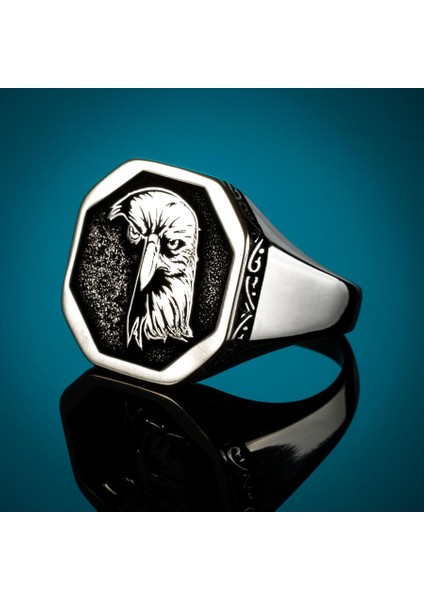 Gümüş Sekizgen Kartal Motif Erkek Yüzük Çizgisel Desenli Kasa indirimleri