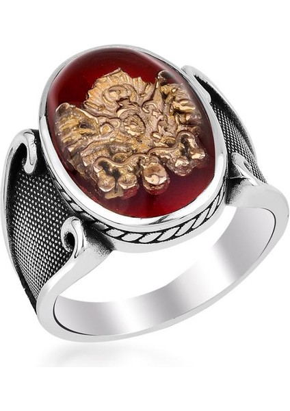 Kırmızı Mineli Osmanlı Arması Gümüş Yüzük