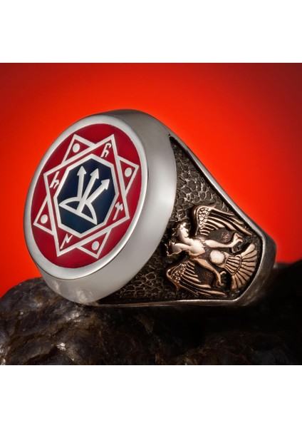 Oğuz Kağan Mührü Gümüş Erkek Yüzük Kırmızı Zemin Tuğra ve Selçuklu Kartalı