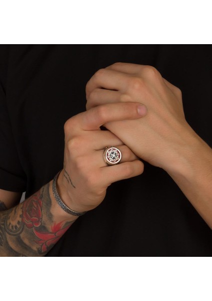 Oğuz Kağan Mührü Gümüş Erkek Yüzük Kırmızı Zemin Tuğra ve Selçuklu Kartalı indirimleri