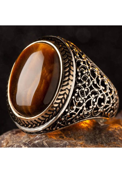 Oval Kahverengi Kaplangözü Taşlı Simetrik Desen Gümüş Erkek Yüzük