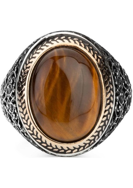Oval Kahverengi Kaplangözü Taşlı Simetrik Desen Gümüş Erkek Yüzük modelleri