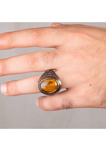 Oval Kahverengi Kaplangözü Taşlı Simetrik Desen Gümüş Erkek Yüzük fırsatları
