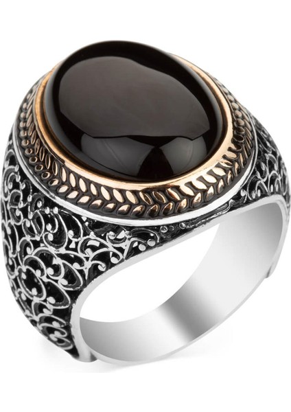 Oval Siyah Oniks Taşlı Simetrik Desen Gümüş Erkek Yüzük fiyatları