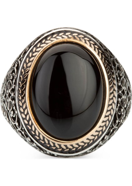 Oval Siyah Oniks Taşlı Simetrik Desen Gümüş Erkek Yüzük modelleri