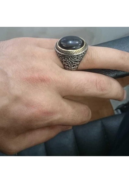 Oval Siyah Oniks Taşlı Simetrik Desen Gümüş Erkek Yüzük indirimleri