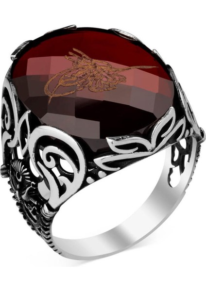 Osmanlı Arma Motifli Kırmızı Zirkon Taşlı Tuğralı Erkek Yüzük