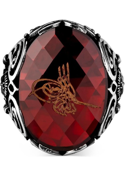 Osmanlı Arma Motifli Kırmızı Zirkon Taşlı Tuğralı Erkek Yüzük fiyatları