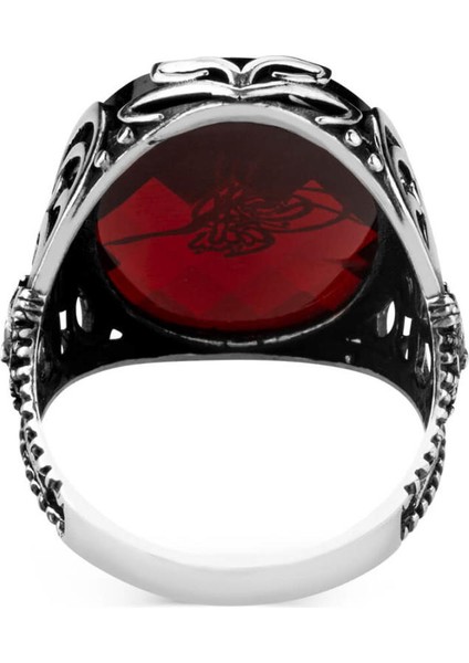 Osmanlı Arma Motifli Kırmızı Zirkon Taşlı Tuğralı Erkek Yüzük modelleri