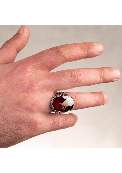 Osmanlı Arma Motifli Kırmızı Zirkon Taşlı Tuğralı Erkek Yüzük fırsatları
