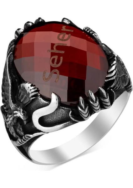 Kırmızı Zirkon Taş Üzerine Isim Yazılı Erkek Yüzük