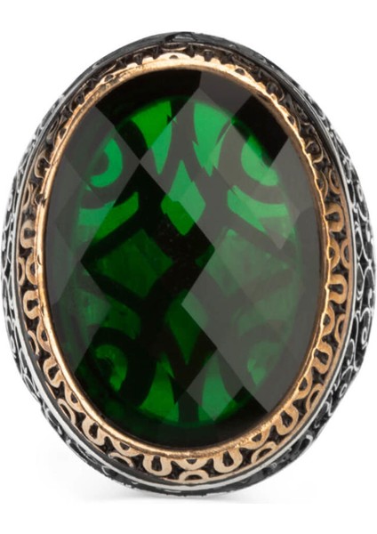 Simetrik Desenli Büyük Yeşil Zirkon Taşlı Gümüş Erkek Yüzük fiyatları