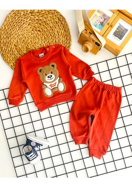 Neşeli Bebekler Kabartma Toy Nakışlı Ayıcık Desen Penye Takım Kiremit