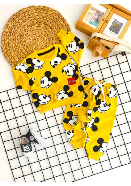 Neşeli Bebekler Fare Baskılı Iki Iplik Penye Takım Sarı
