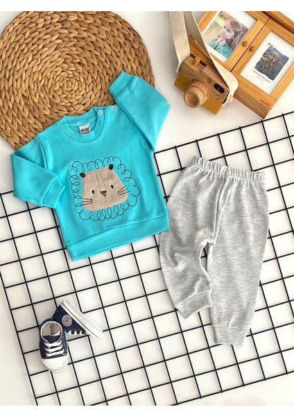 Neşeli Bebekler Kabartma Nakışlı Aslan Desen Penye Takım Yeşil