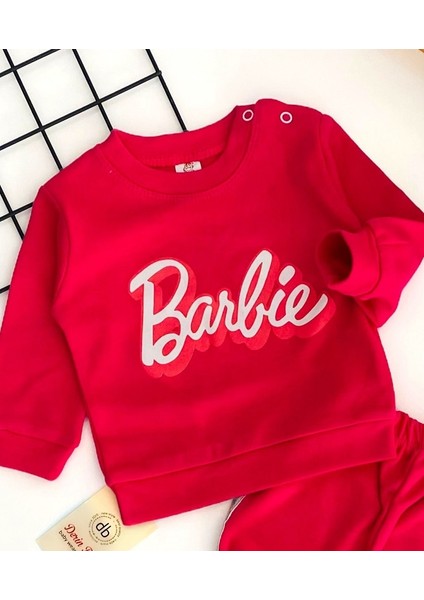 Neşeli Bebekler Barbie Baskılı Desen Parlak Gri Çizgili Iki Iplik Penye Kumaş Takım Fuşya fiyatları