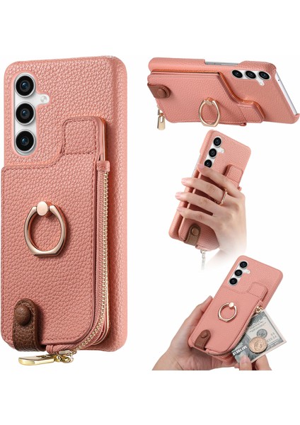 Samsung Galaxy S23 Fe Kılıf Fermuar Cüzdan Yüzük Kickstand Arka Kabuk-Pembe (Yurt Dışından)