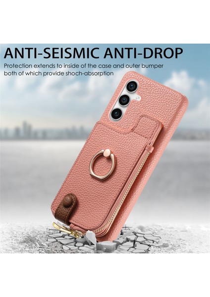 Samsung Galaxy S23 Fe Kılıf Fermuar Cüzdan Yüzük Kickstand Arka Kabuk-Pembe (Yurt Dışından)