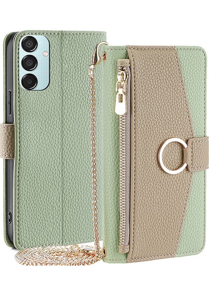 Samsung Galaxy M15 5g Deri Kılıf Fermuarlı Cüzdan Aynalı Crossbody Telefon Kılıfı-Yeşil (Yurt Dışından)