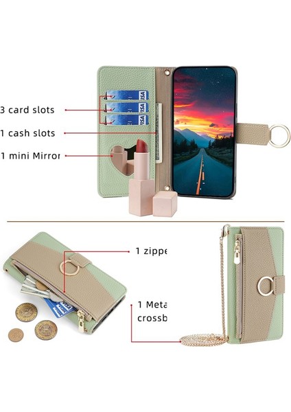 Samsung Galaxy M15 5g Deri Kılıf Fermuarlı Cüzdan Aynalı Crossbody Telefon Kılıfı-Yeşil (Yurt Dışından)