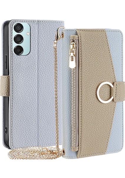 Samsung Galaxy M15 5g Deri Kılıf Fermuarlı Cüzdan Aynalı Crossbody Telefon Kılıfı-Mavi (Yurt Dışından)