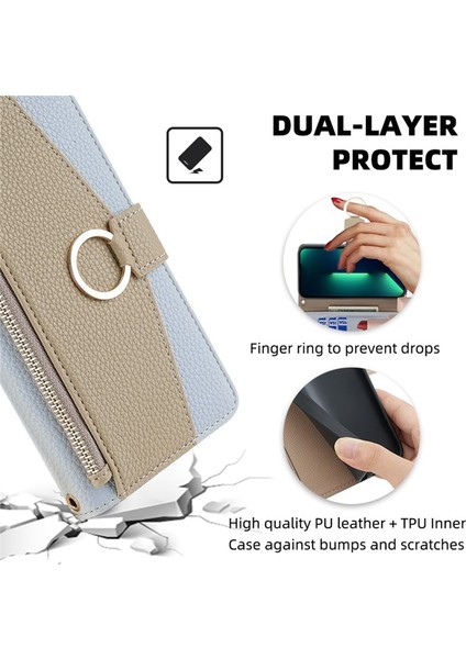 Samsung Galaxy M15 5g Deri Kılıf Fermuarlı Cüzdan Aynalı Crossbody Telefon Kılıfı-Mavi (Yurt Dışından)