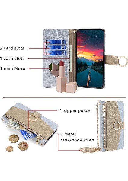 Samsung Galaxy M15 5g Deri Kılıf Fermuarlı Cüzdan Aynalı Crossbody Telefon Kılıfı-Mavi (Yurt Dışından)