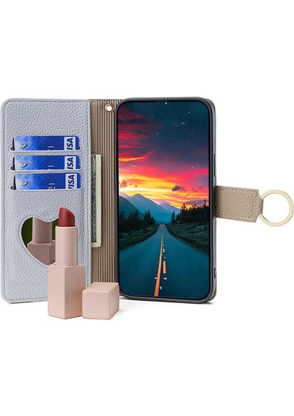 Samsung Galaxy M15 5g Deri Kılıf Fermuarlı Cüzdan Aynalı Crossbody Telefon Kılıfı-Mavi (Yurt Dışından)
