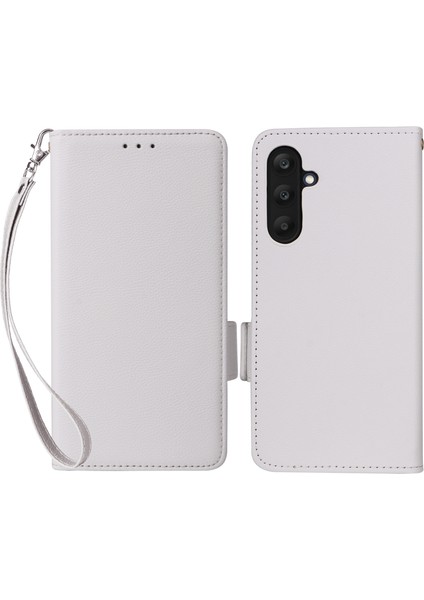 Samsung Galaxy M55 5g Kılıf Litchi Dokulu Pu Deri Standlı Telefon Kapağı Askı-Beyaz (Yurt Dışından)