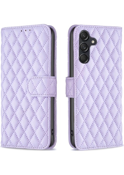 Samsung Galaxy M55 5g Telefon Kılıfı Eşkenar Dörtgen Izgara Cüzdan Deri Kapak-Mor (Yurt Dışından)