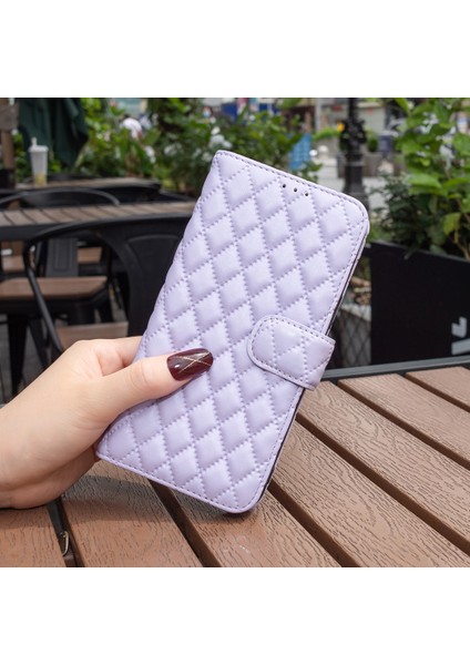 Samsung Galaxy M55 5g Telefon Kılıfı Eşkenar Dörtgen Izgara Cüzdan Deri Kapak-Mor (Yurt Dışından)